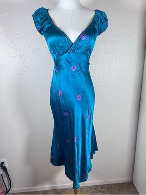 Betsey Johnson Vintage Teal Satin Midi Marylin Monroe Dress